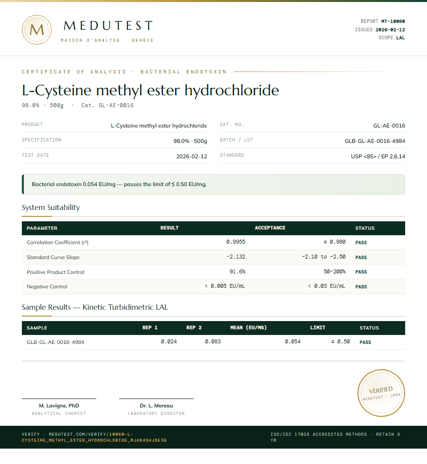 L-Cysteine methyl ester hydrochloride Endotoxin report by Medutest
