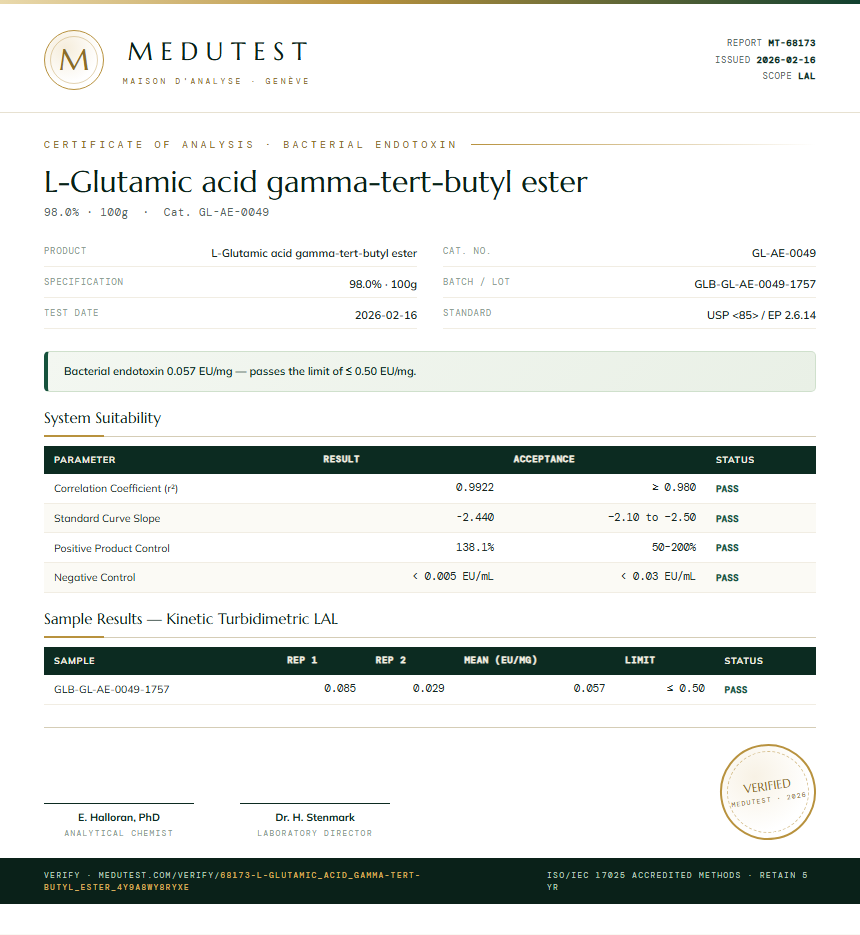L-Glutamic acid gamma-tert-butyl ester Endotoxin report by Medutest