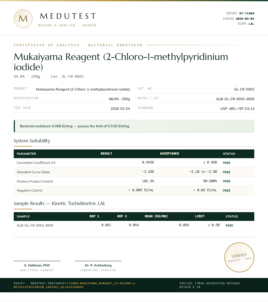 Mukaiyama Reagent (2-Chloro-1-methylpyridinium iodide) Endotoxin report by Medutest