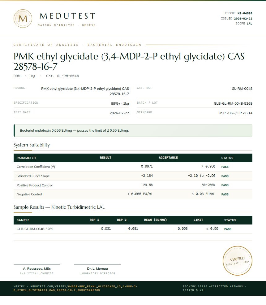 PMK ethyl glycidate (3,4-MDP-2-P ethyl glycidate) CAS 28578-16-7 Endotoxin report by Medutest