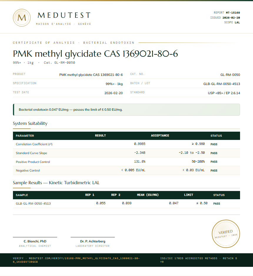 PMK methyl glycidate CAS 1369021-80-6 Endotoxin report by Medutest