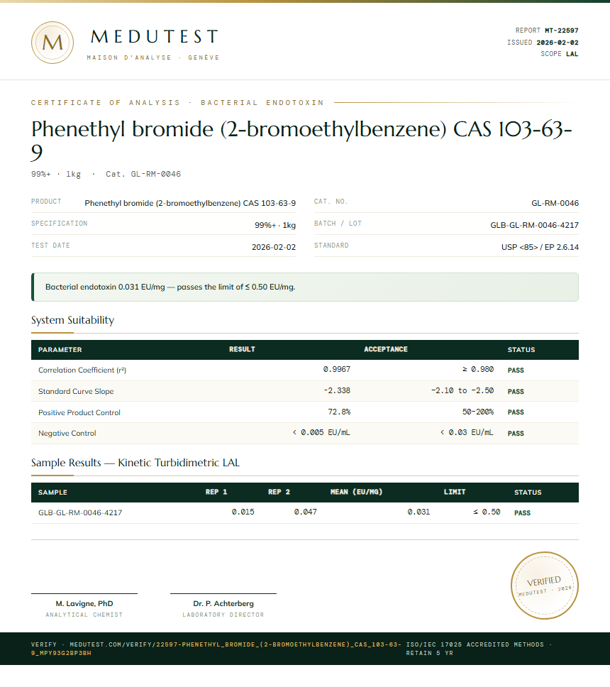 Phenethyl bromide (2-bromoethylbenzene) CAS 103-63-9 Endotoxin report by Medutest