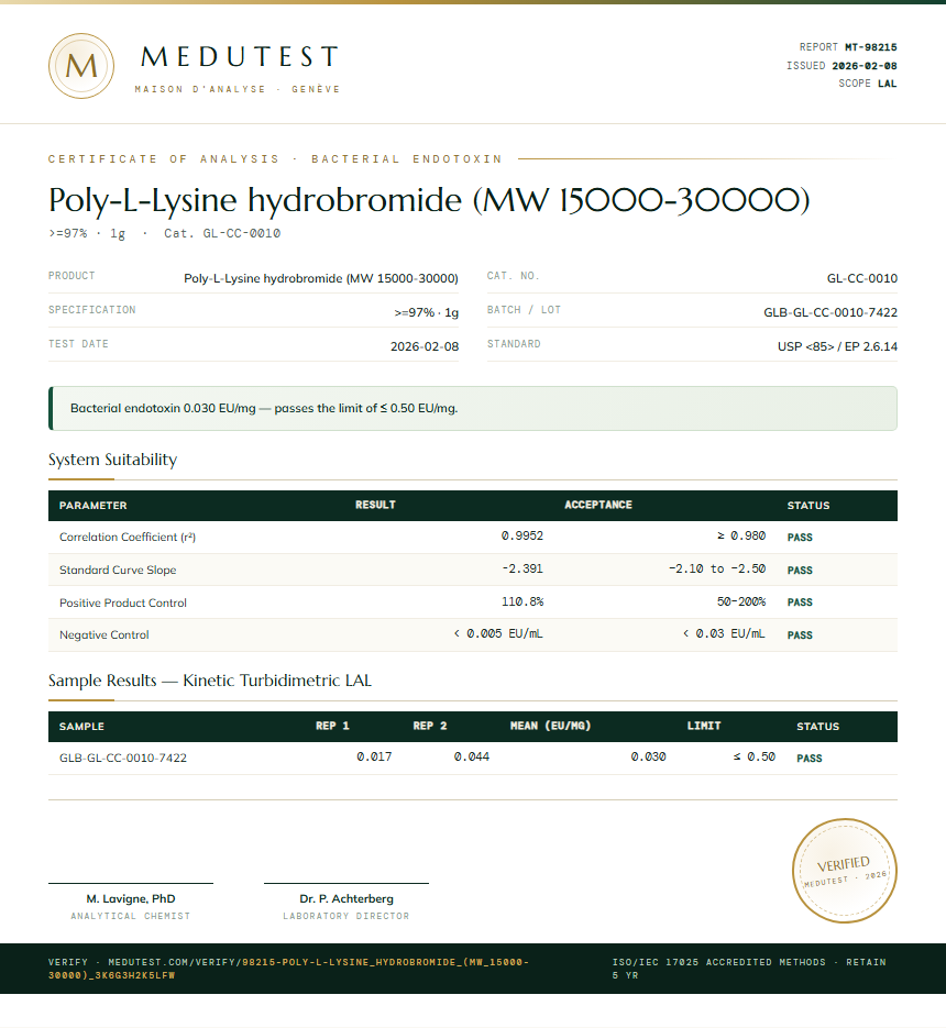 Poly-L-Lysine hydrobromide (MW 15000-30000) Endotoxin report by Medutest