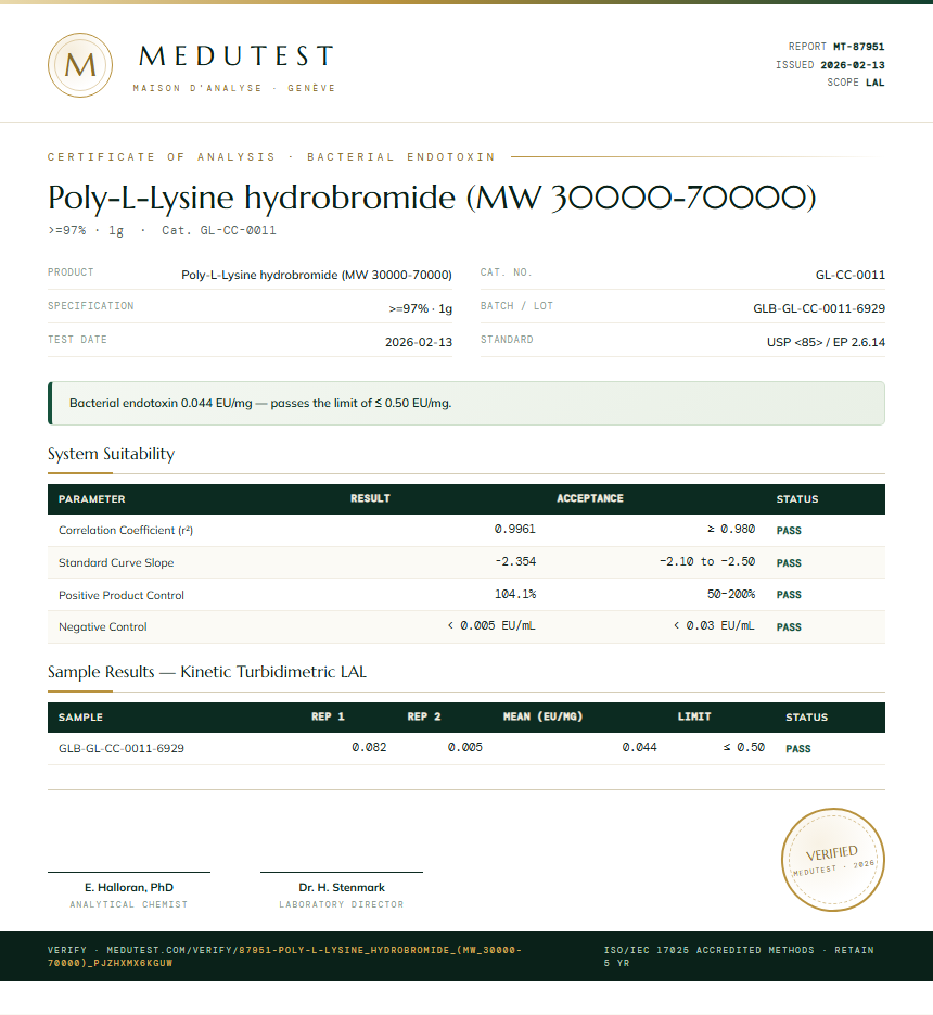 Poly-L-Lysine hydrobromide (MW 30000-70000) Endotoxin report by Medutest