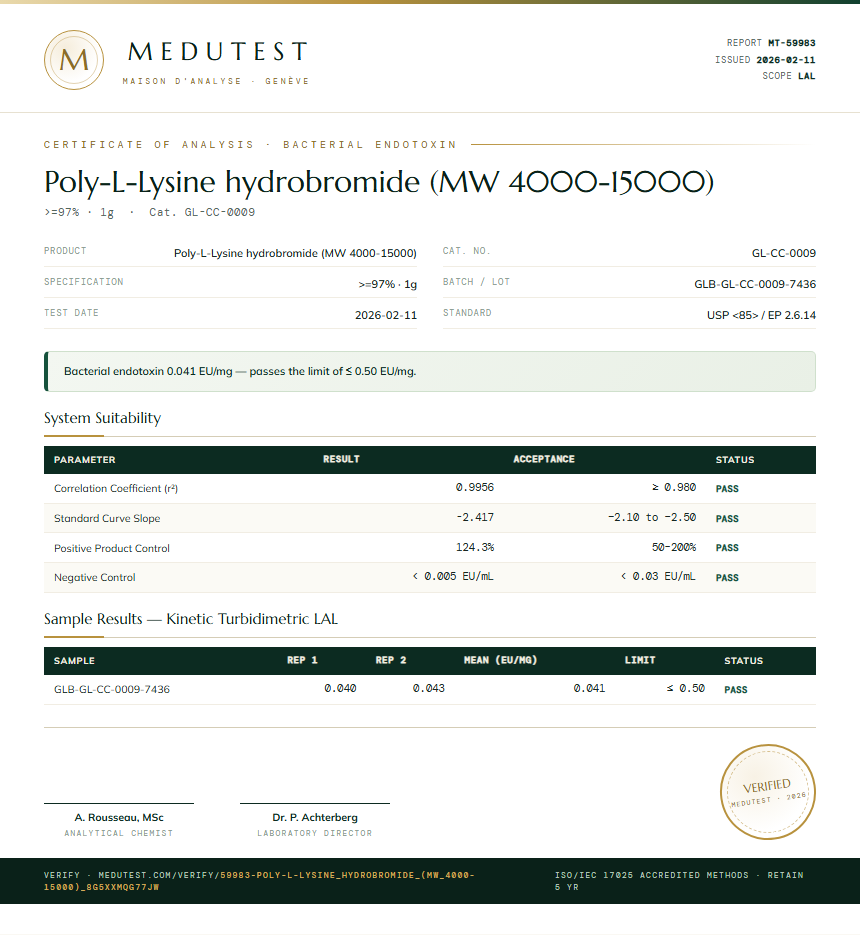 Poly-L-Lysine hydrobromide (MW 4000-15000) Endotoxin report by Medutest