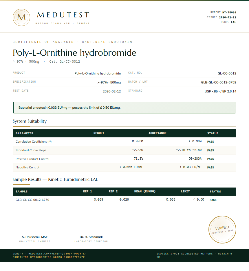 Poly-L-Ornithine hydrobromide Endotoxin report by Medutest