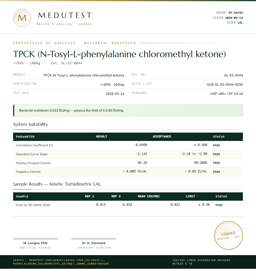 TPCK (N-Tosyl-L-phenylalanine chloromethyl ketone) Endotoxin report by Medutest