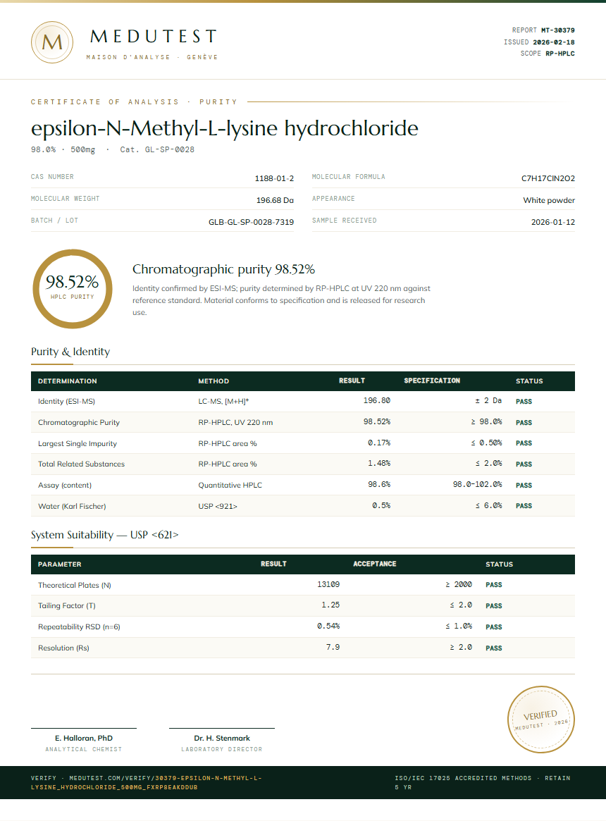 epsilon-N-Methyl-L-lysine hydrochloride Purity (HPLC) report by Medutest