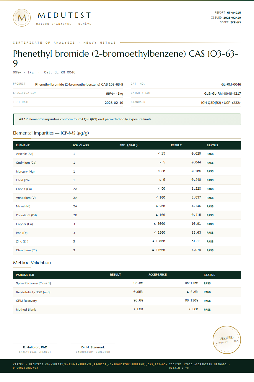Phenethyl bromide (2-bromoethylbenzene) CAS 103-63-9 Heavy Metals report by Medutest
