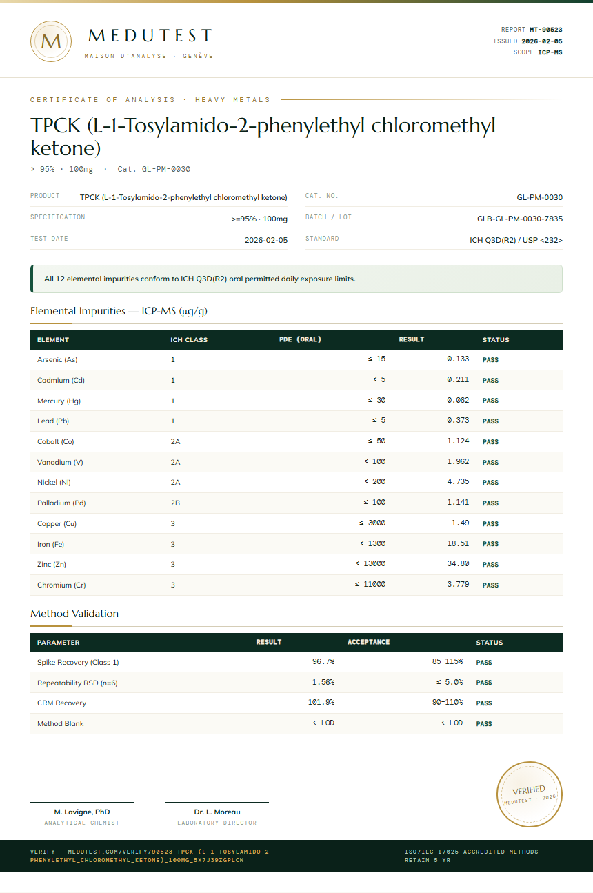 TPCK (L-1-Tosylamido-2-phenylethyl chloromethyl ketone) Heavy Metals report by Medutest