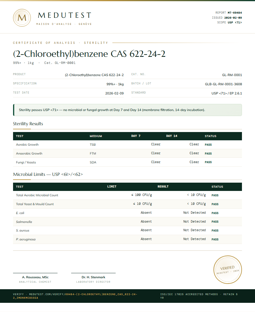 (2-Chloroethyl)benzene CAS 622-24-2 Sterility report by Medutest