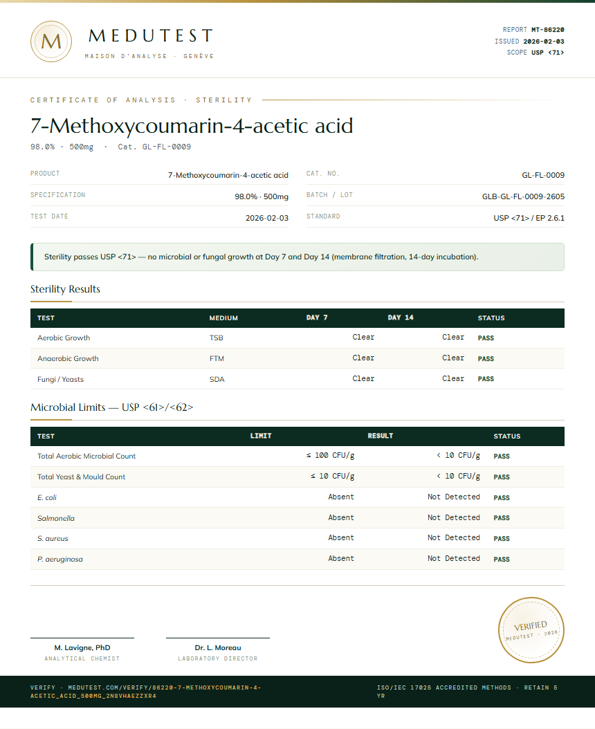 7-Methoxycoumarin-4-acetic acid Sterility report by Medutest