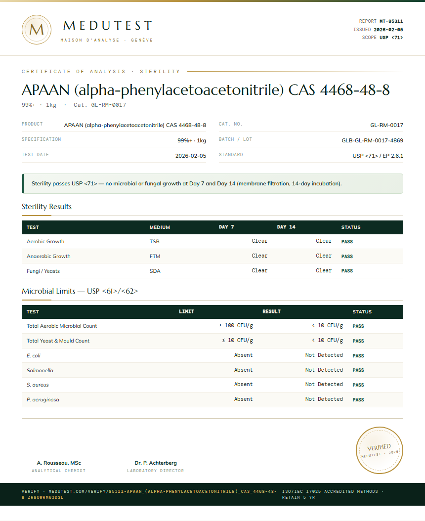 APAAN (alpha-phenylacetoacetonitrile) CAS 4468-48-8 Sterility report by Medutest