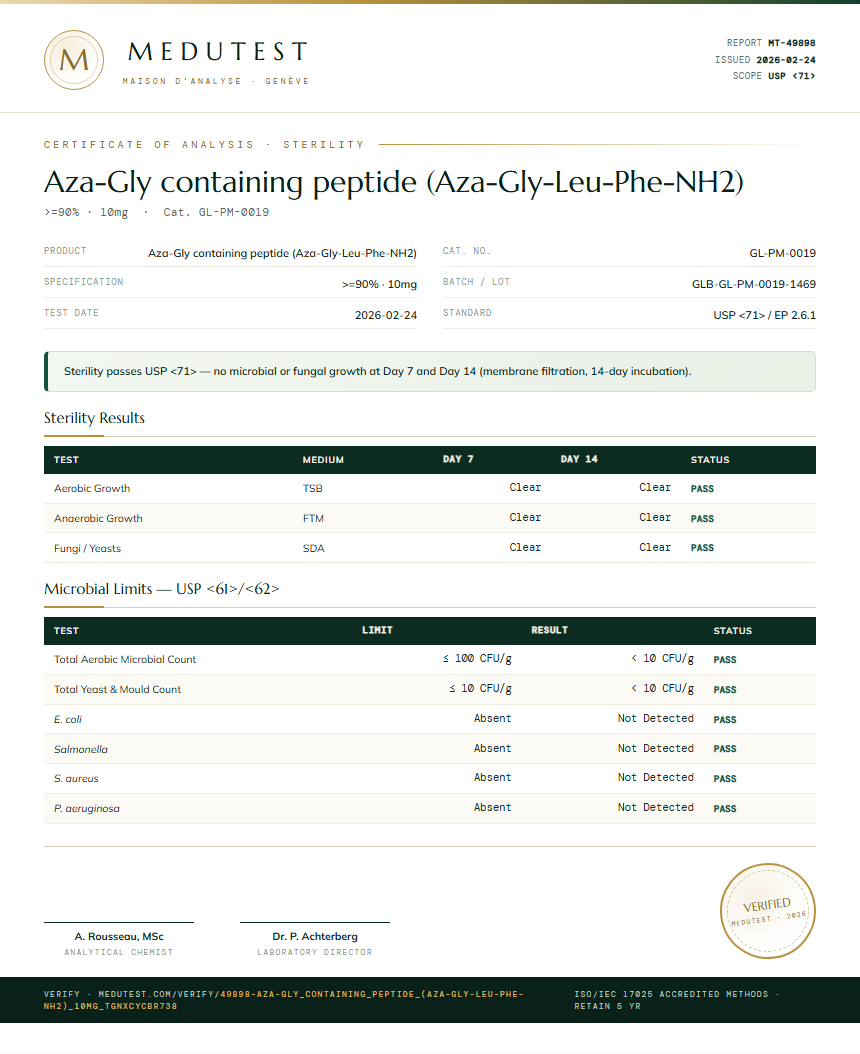 Aza-Gly containing peptide (Aza-Gly-Leu-Phe-NH2) Sterility report by Medutest