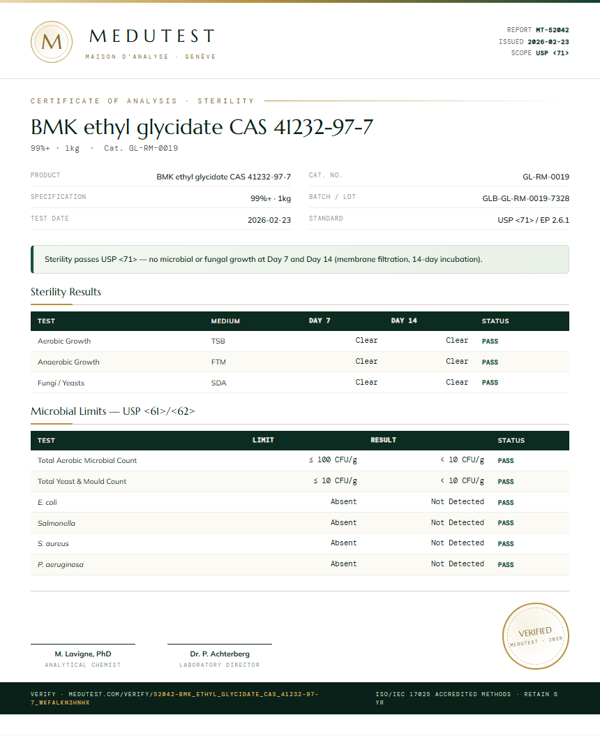 BMK ethyl glycidate CAS 41232-97-7 Sterility report by Medutest