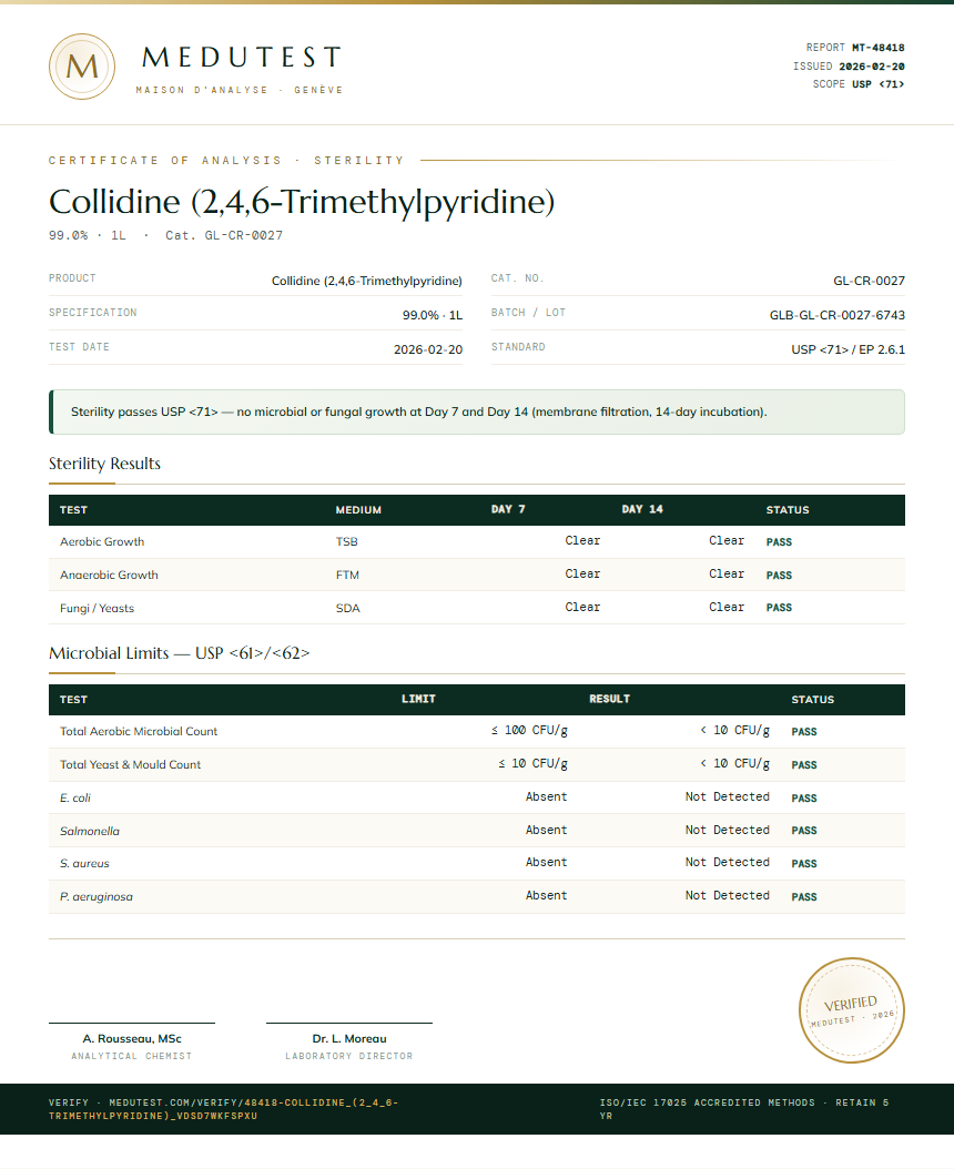Collidine (2,4,6-Trimethylpyridine) Sterility report by Medutest