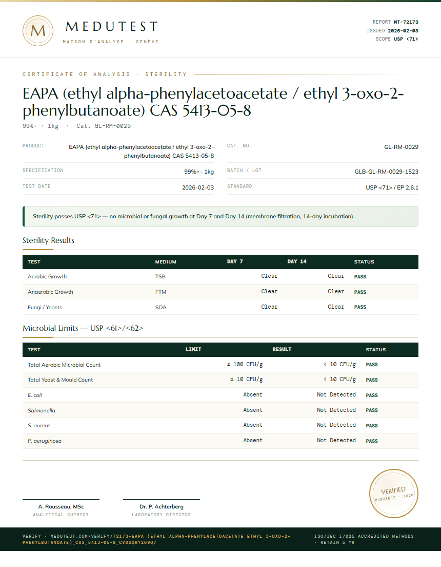 EAPA (ethyl alpha-phenylacetoacetate / ethyl 3-oxo-2-phenylbutanoate) CAS 5413-05-8 Sterility report by Medutest
