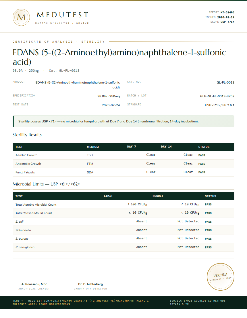 EDANS (5-((2-Aminoethyl)amino)naphthalene-1-sulfonic acid) Sterility report by Medutest