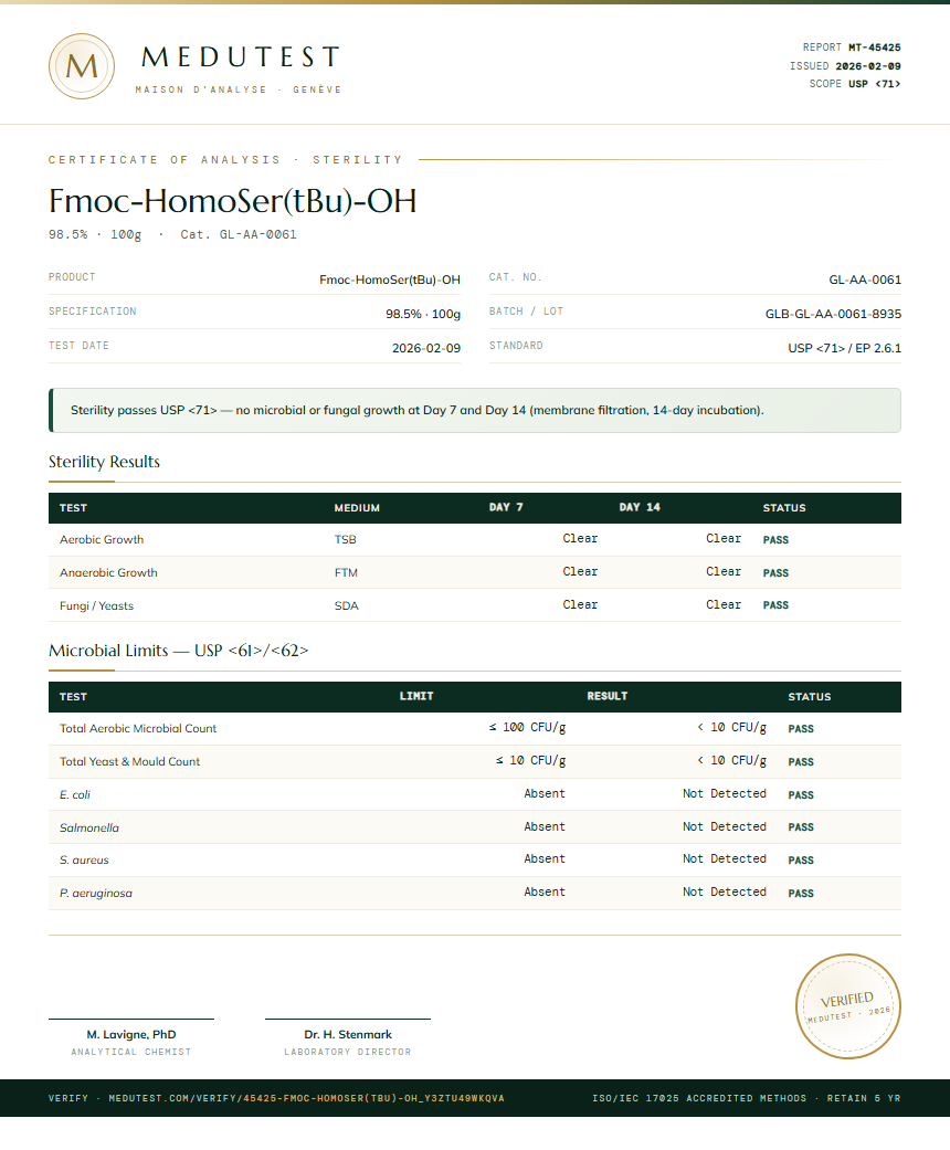 Fmoc-HomoSer(tBu)-OH Sterility report by Medutest