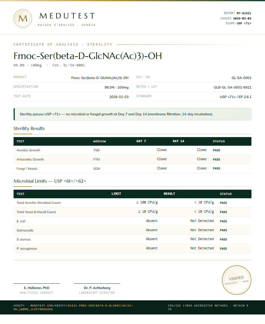 Fmoc-Ser(beta-D-GlcNAc(Ac)3)-OH Sterility report by Medutest