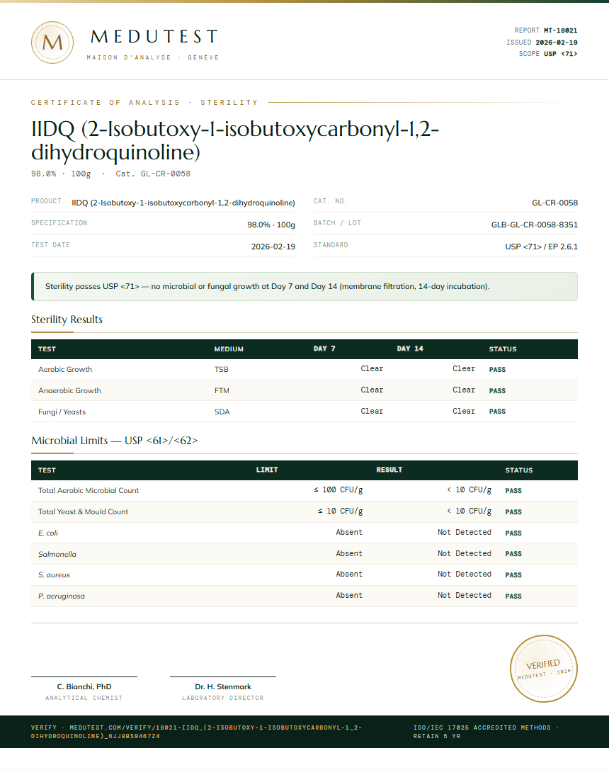 IIDQ (2-Isobutoxy-1-isobutoxycarbonyl-1,2-dihydroquinoline) Sterility report by Medutest