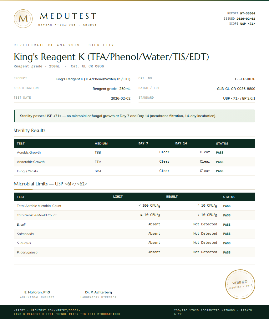 King's Reagent K (TFA/Phenol/Water/TIS/EDT) Sterility report by Medutest