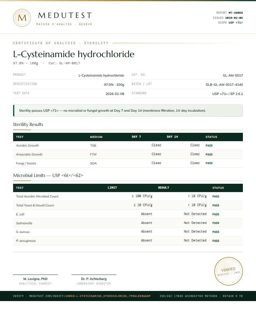 L-Cysteinamide hydrochloride Sterility report by Medutest