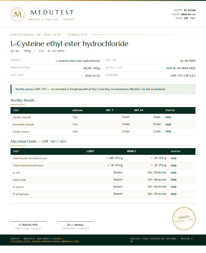 L-Cysteine ethyl ester hydrochloride Sterility report by Medutest