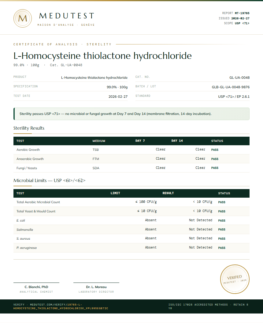 L-Homocysteine thiolactone hydrochloride Sterility report by Medutest