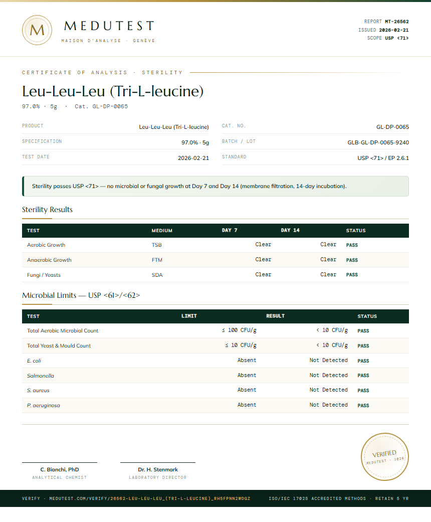 Leu-Leu-Leu (Tri-L-leucine) Sterility report by Medutest