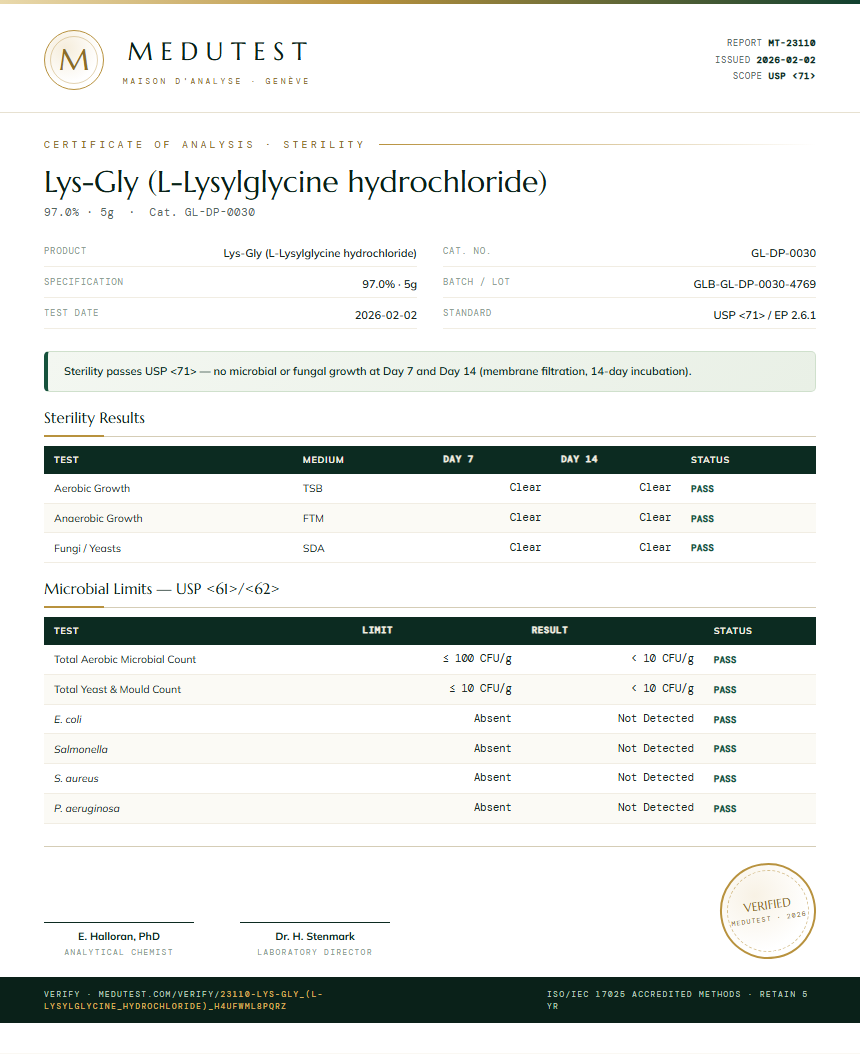 Lys-Gly (L-Lysylglycine hydrochloride) Sterility report by Medutest