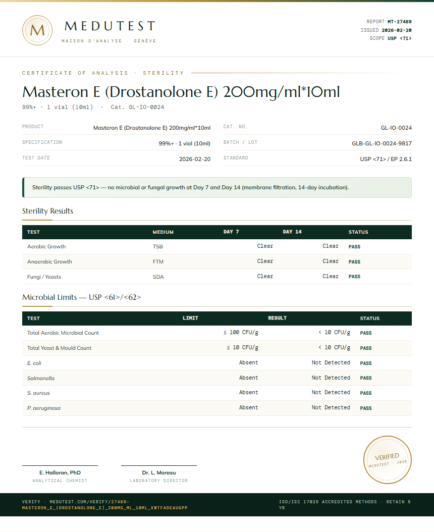 Masteron E (Drostanolone E) 200mg/ml*10ml Sterility report by Medutest