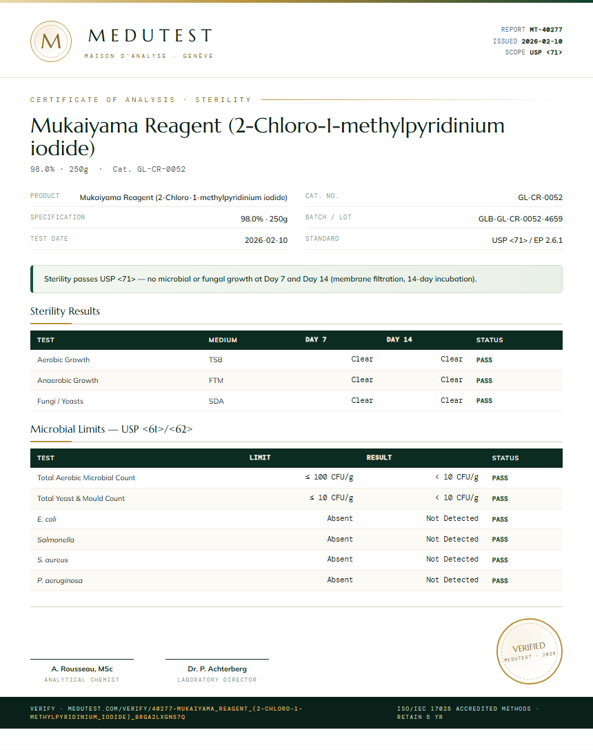 Mukaiyama Reagent (2-Chloro-1-methylpyridinium iodide) Sterility report by Medutest