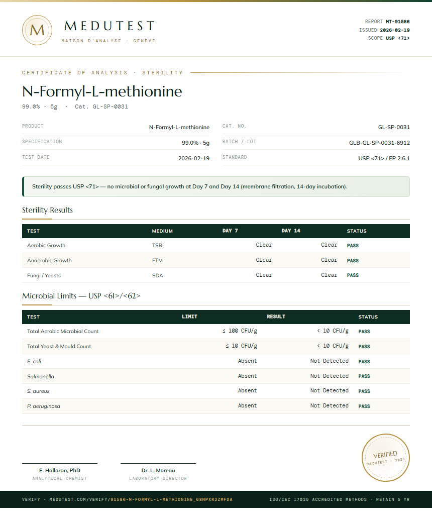 N-Formyl-L-methionine Sterility report by Medutest