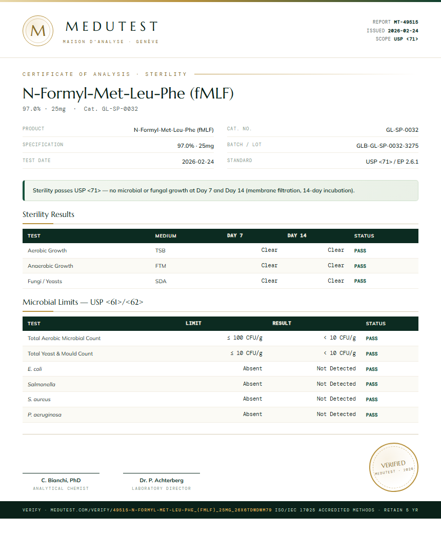 N-Formyl-Met-Leu-Phe (fMLF) Sterility report by Medutest