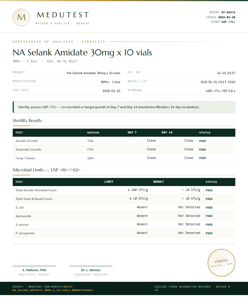 NA Selank Amidate 30mg x 10 vials Sterility report by Medutest