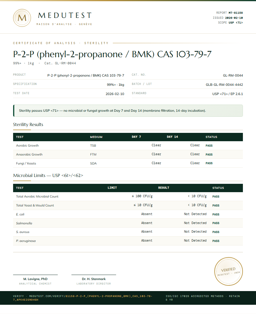 P-2-P (phenyl-2-propanone / BMK) CAS 103-79-7 Sterility report by Medutest