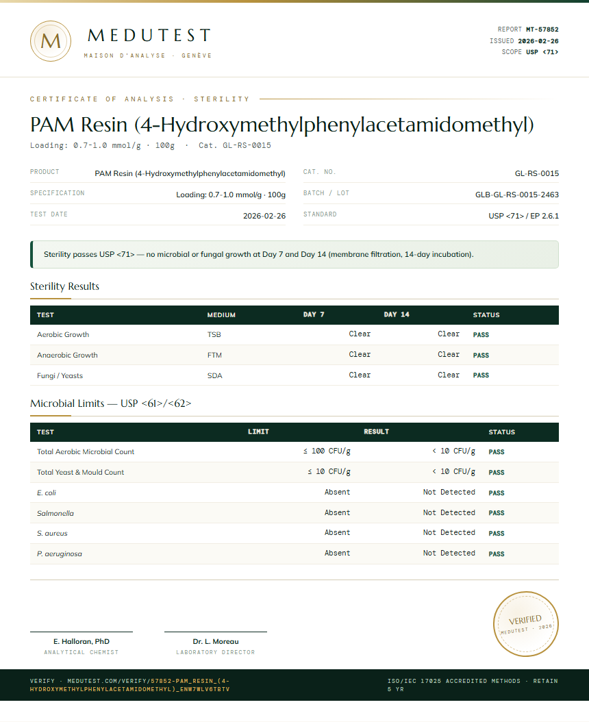 PAM Resin (4-Hydroxymethylphenylacetamidomethyl) Sterility report by Medutest