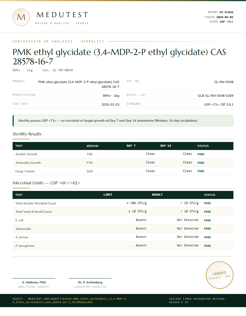 PMK ethyl glycidate (3,4-MDP-2-P ethyl glycidate) CAS 28578-16-7 Sterility report by Medutest
