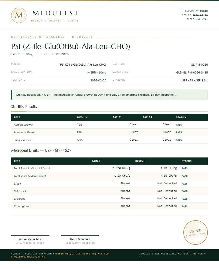 PSI (Z-Ile-Glu(OtBu)-Ala-Leu-CHO) Sterility report by Medutest