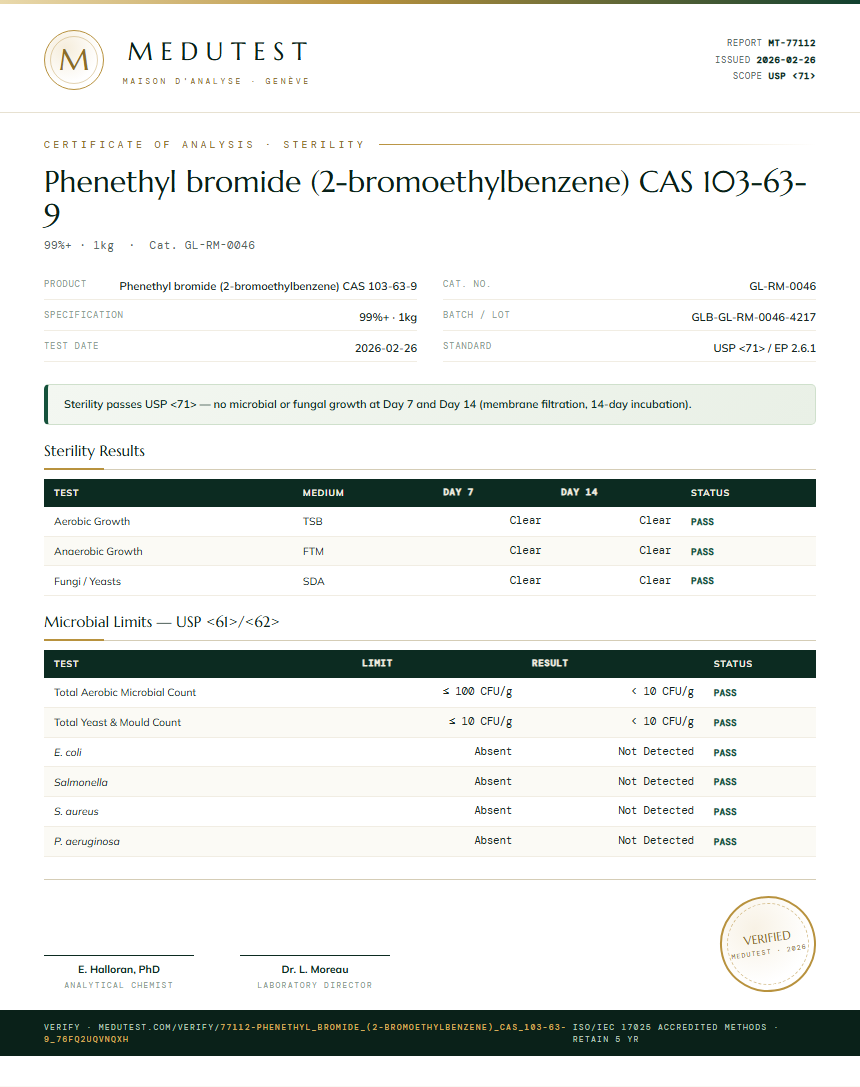 Phenethyl bromide (2-bromoethylbenzene) CAS 103-63-9 Sterility report by Medutest