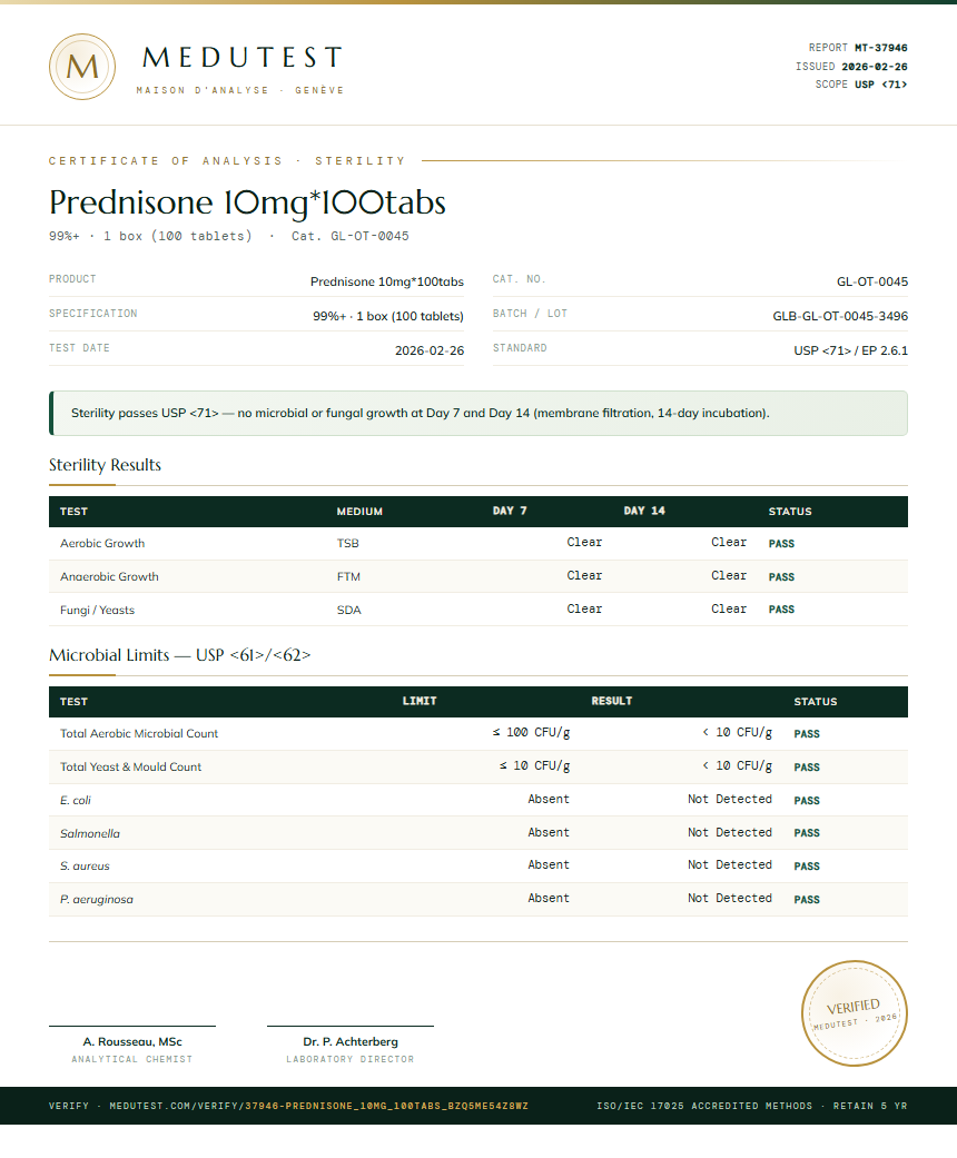 Prednisone 10mg*100tabs Sterility report by Medutest