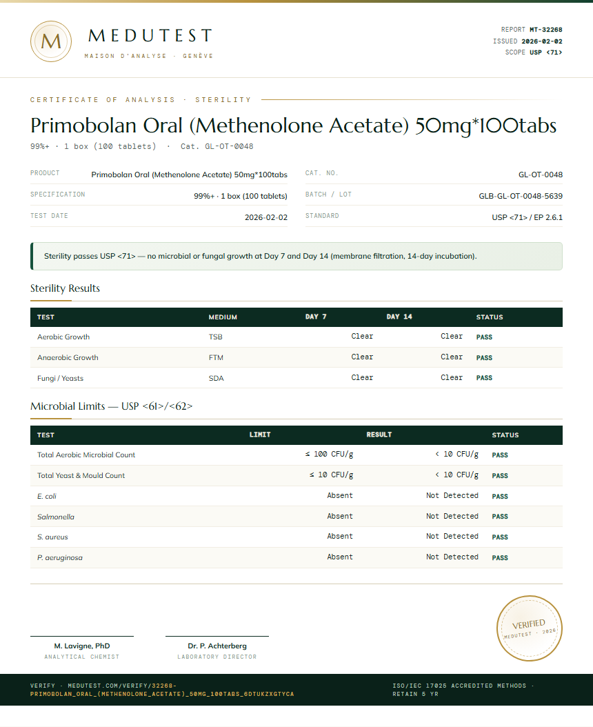 Primobolan Oral (Methenolone Acetate) 50mg*100tabs Sterility report by Medutest