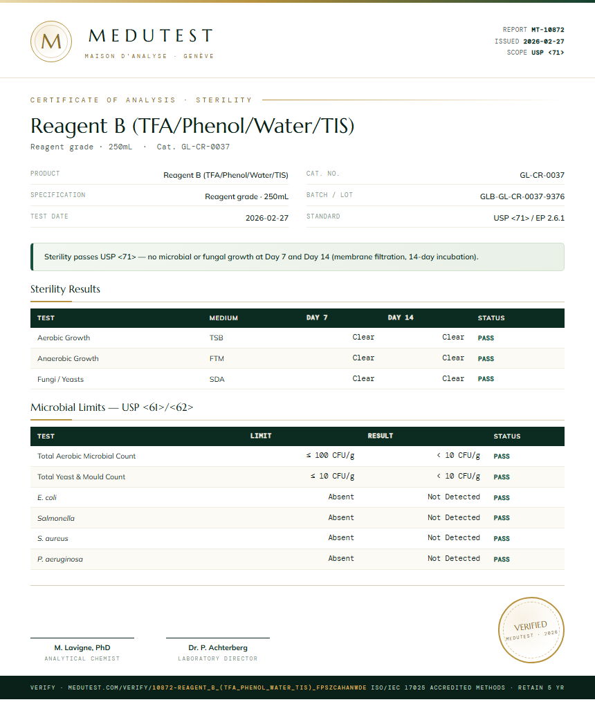Reagent B (TFA/Phenol/Water/TIS) Sterility report by Medutest