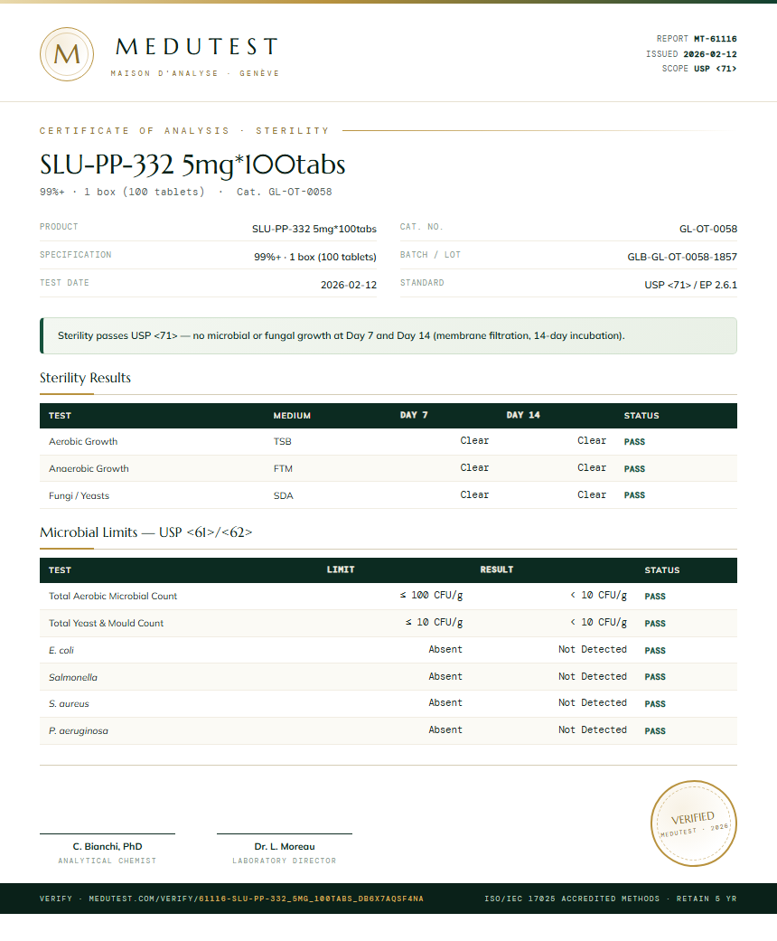 SLU-PP-332 5mg*100tabs Sterility report by Medutest