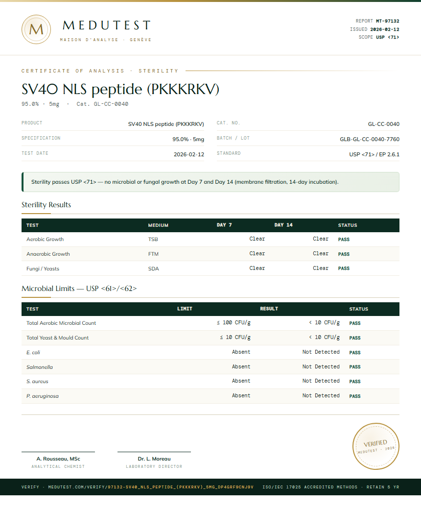 SV40 NLS peptide (PKKKRKV) Sterility report by Medutest