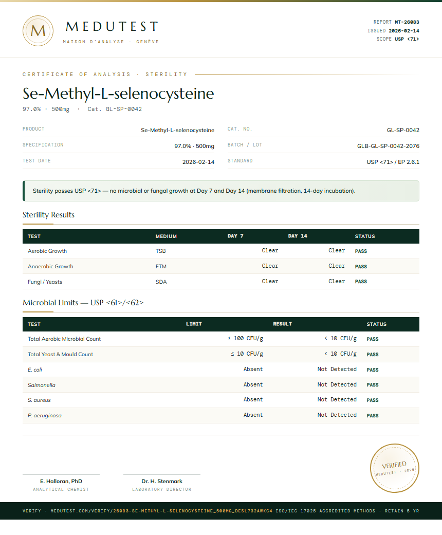 Se-Methyl-L-selenocysteine Sterility report by Medutest