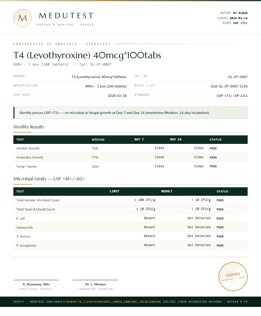 T4 (Levothyroxine) 40mcg*100tabs Sterility report by Medutest
