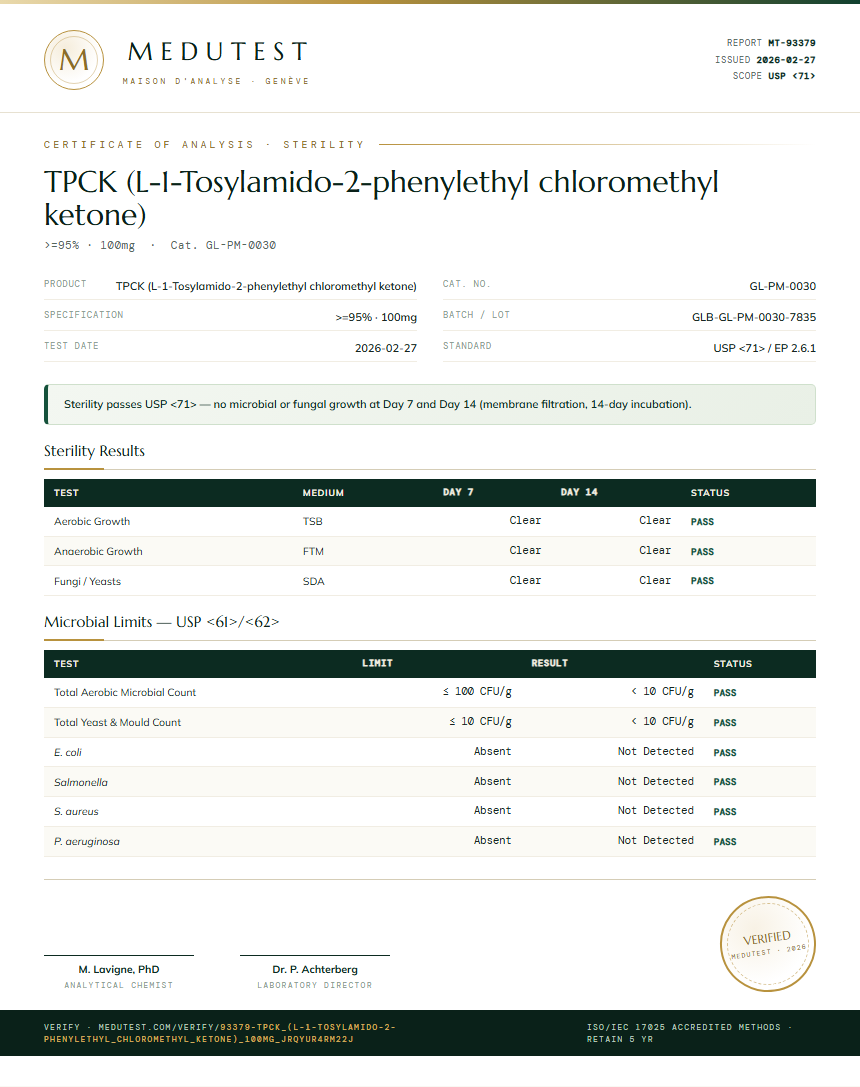 TPCK (L-1-Tosylamido-2-phenylethyl chloromethyl ketone) Sterility report by Medutest