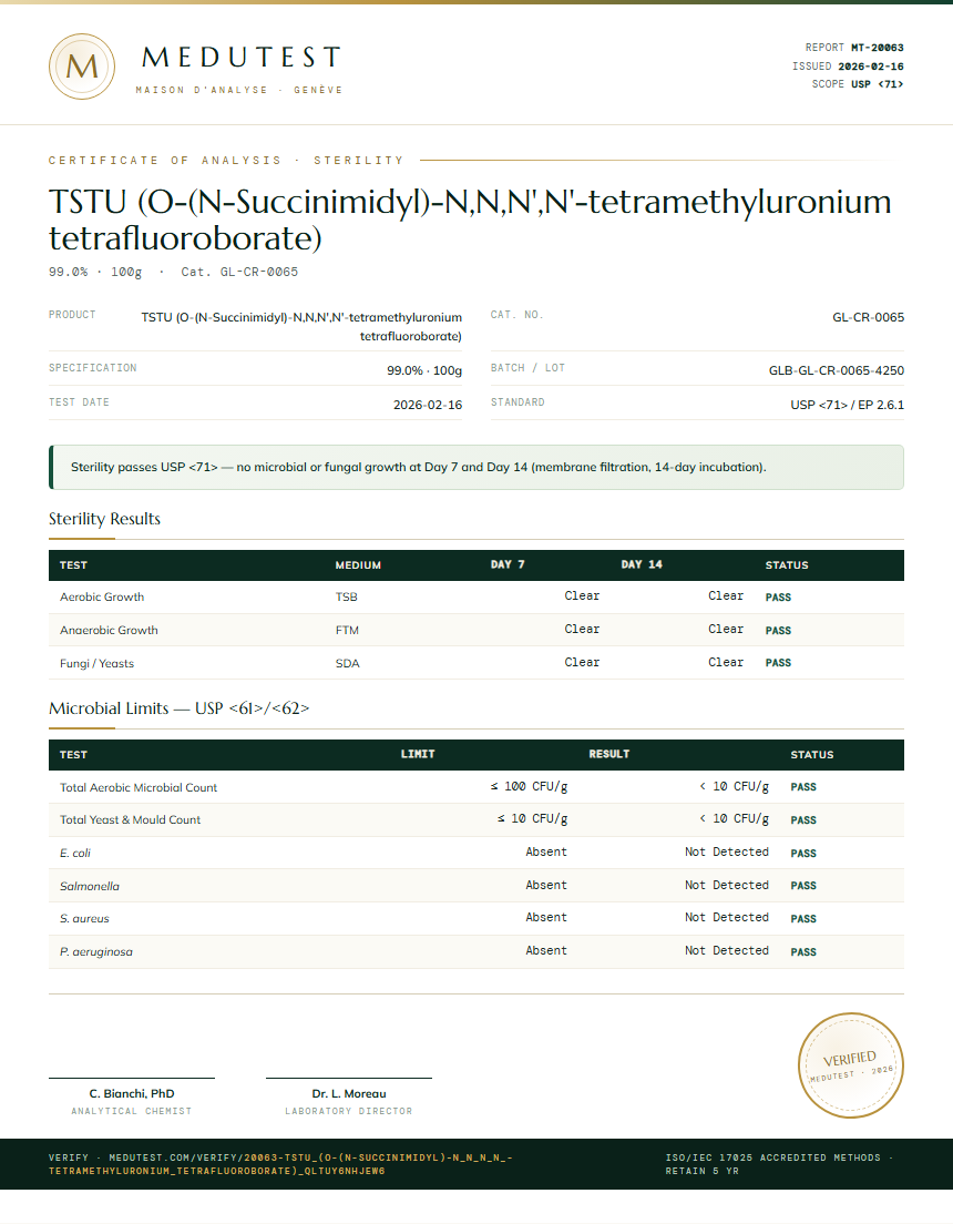 TSTU (O-(N-Succinimidyl)-N,N,N',N'-tetramethyluronium tetrafluoroborate) Sterility report by Medutest